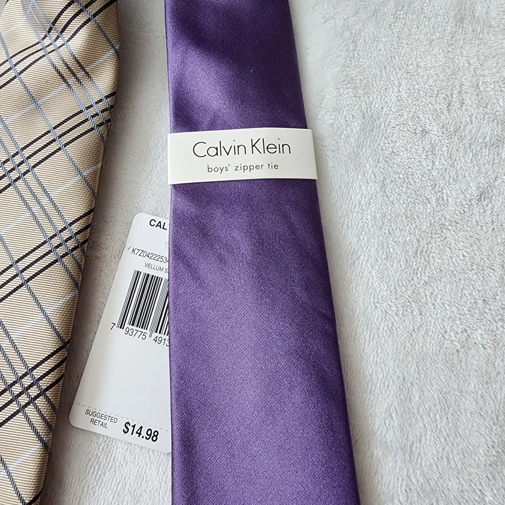 Boys Dress Tie Bundle (3): Solid Lilac Calvin Klein + Neutral Plaid + Striped
